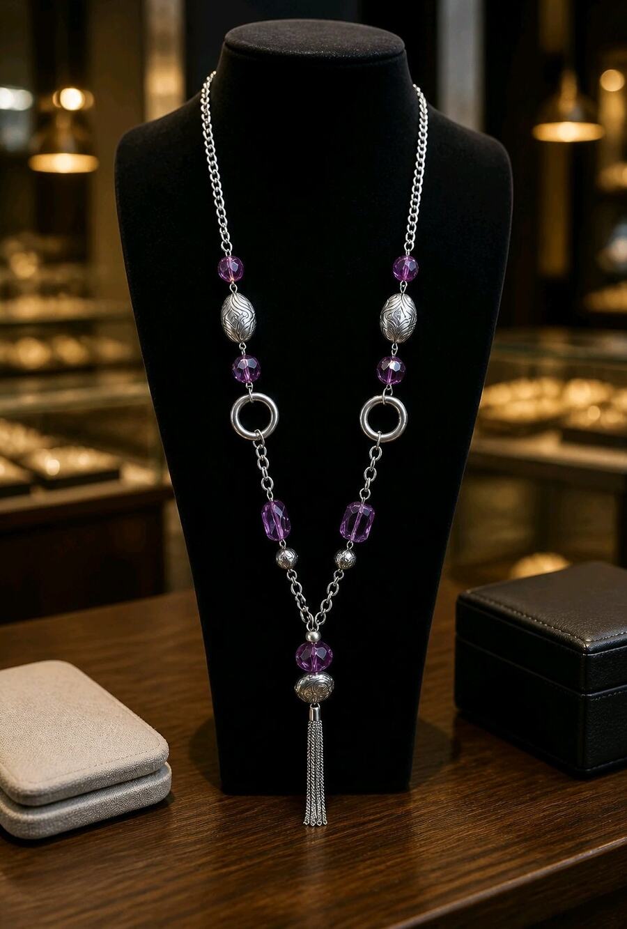 Long Silver Tone Purple Beaded Tassel Necklace
